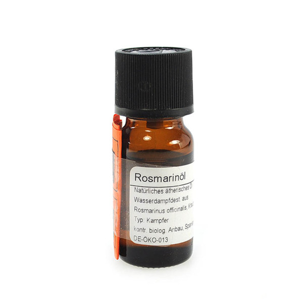 Ätherisches Bio-Rosmarinöl im Glasfläschchen mit dunklem Glas mit Etikett